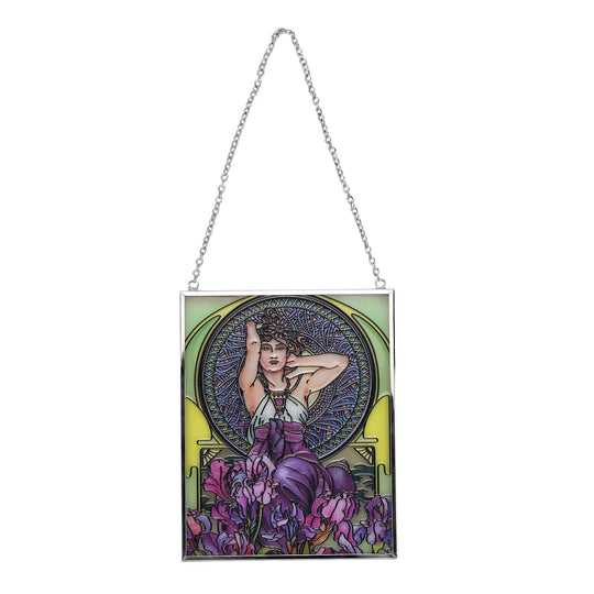 Handbemalter Glas Suncatcher mit Kette, silberfarbenem Rahmen, Alphonse Mucha Motiv Iris, 12x15 cm