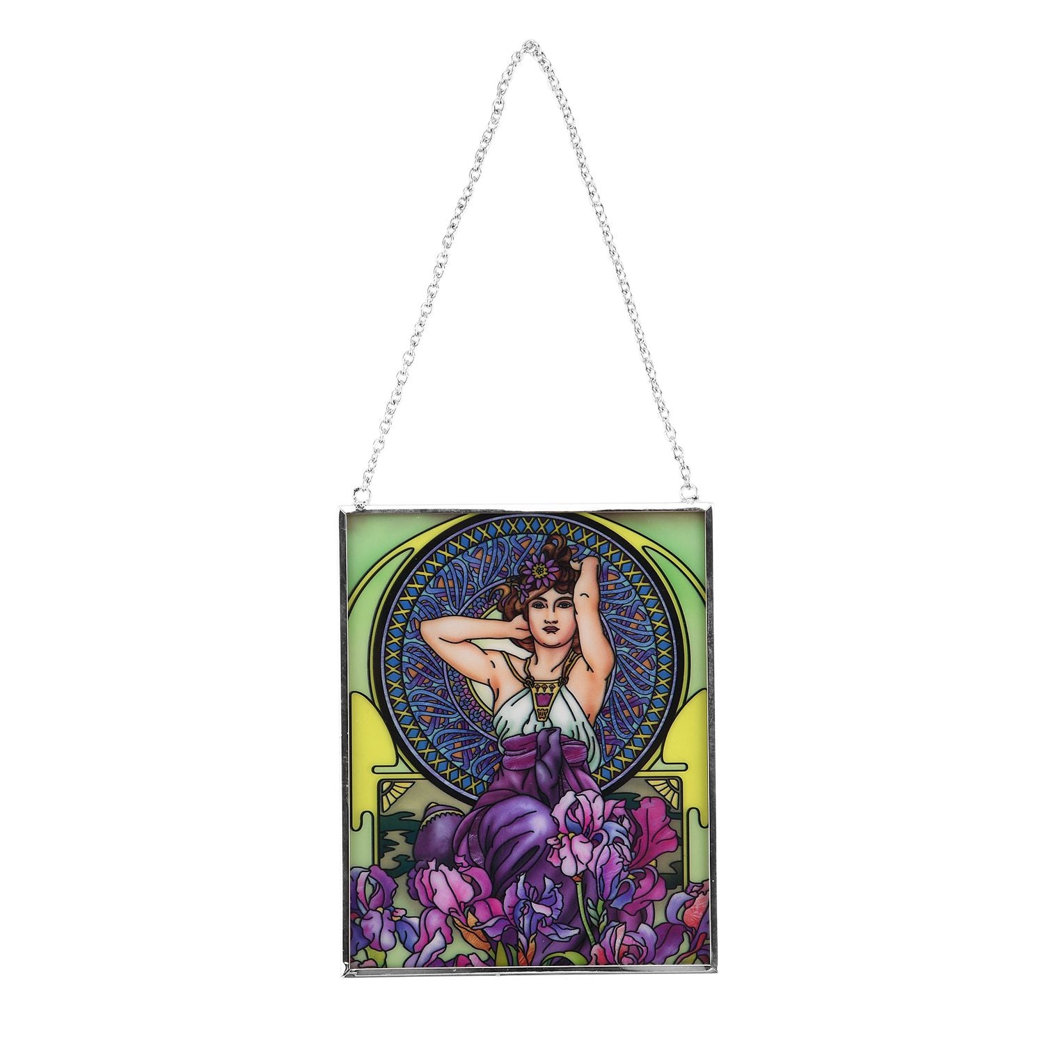 Handbemalter Glas Suncatcher mit Kette, silberfarbenem Rahmen, Alphonse Mucha Motiv Iris, 12x15 cm
