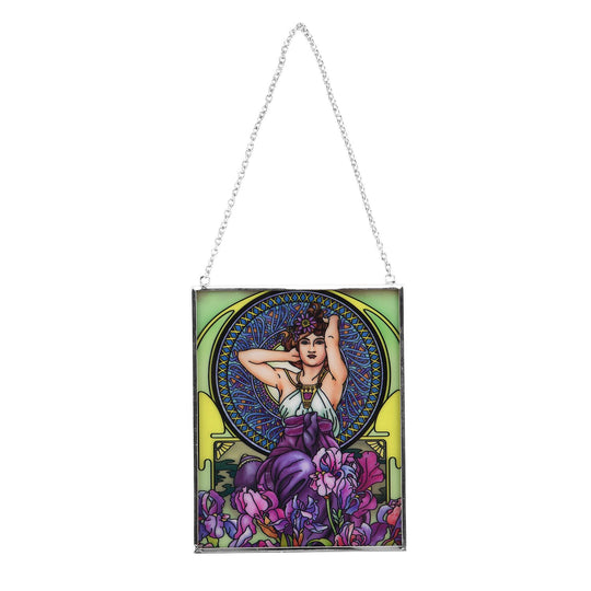 Handbemalter Glas Suncatcher mit Kette, silberfarbenem Rahmen, Alphonse Mucha Motiv Iris, 12x15 cm