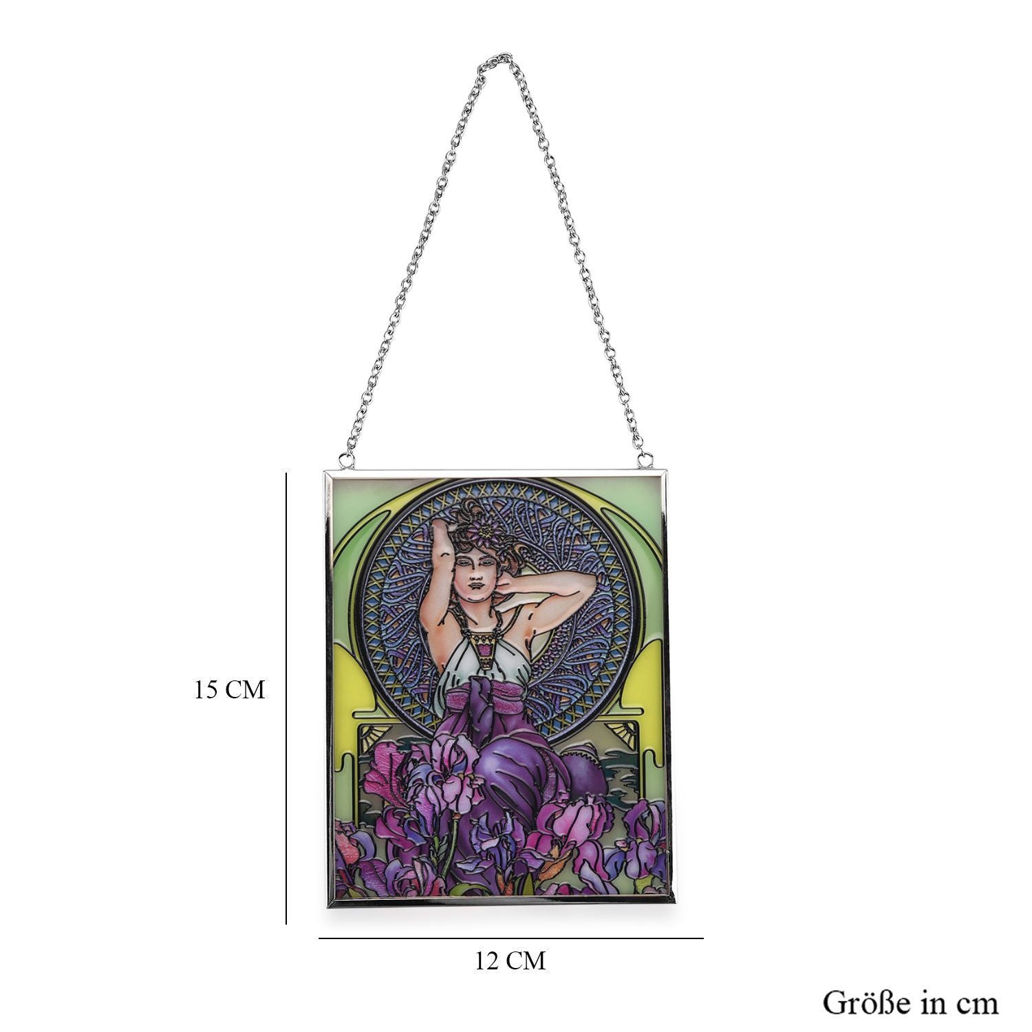 Handbemalter Glas Suncatcher mit Kette, silberfarbenem Rahmen, Alphonse Mucha Motiv Iris, 12x15 cm