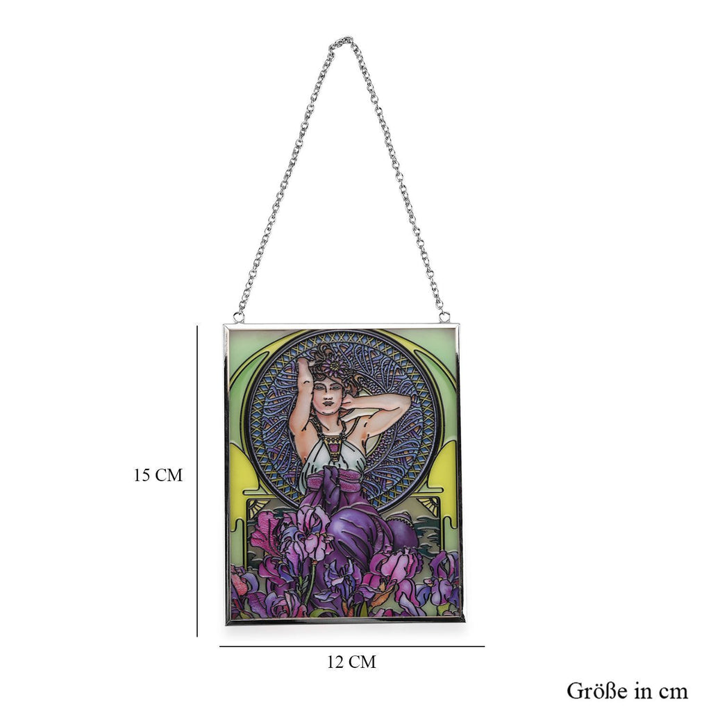 Handbemalter Glas Suncatcher mit Kette, silberfarbenem Rahmen, Alphonse Mucha Motiv Iris, 12x15 cm