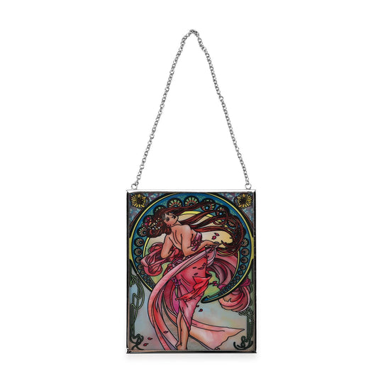 Handbemalter Glas Suncatcher mit Kette, silberfarbenem Rahmen, Alphonse Mucha Motiv Art-Deko, 12x15 cm