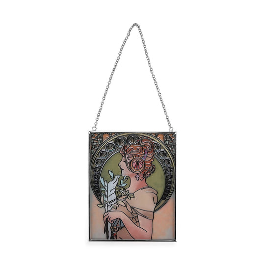 Handbemalter Sonnenfänger aus Glas mit Kette und silberfarbenem Rahmen, Mucha-Motiv, 12x15 cm Frau mit Feder