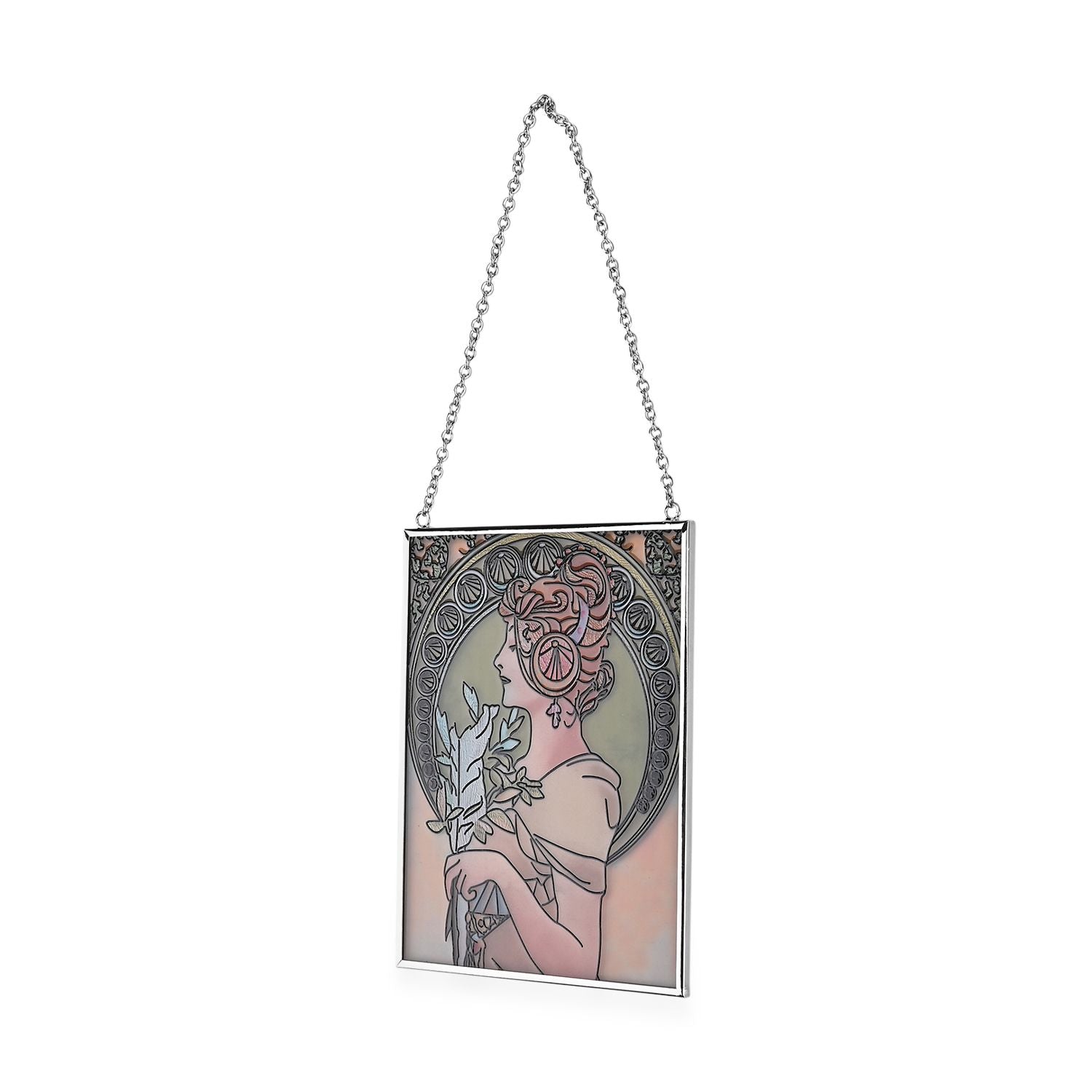 Handbemalter Sonnenfänger aus Glas mit Kette und silberfarbenem Rahmen, Mucha-Motiv, 12x15 cm Frau mit Feder