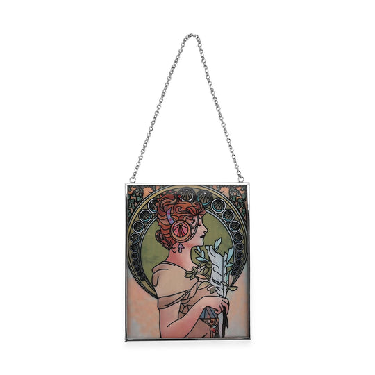 Handbemalter Sonnenfänger aus Glas mit Kette und silberfarbenem Rahmen, Mucha-Motiv, 12x15 cm Frau mit Feder