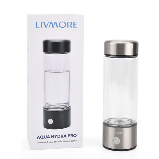 LIVMORE - doppelwandige Wasserstoff Wasserflasche 300 ml, SPE PEM, Borosilikatglas, USB Akku, Schwarz