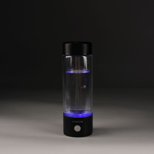 LIVMORE - doppelwandige Wasserstoff Wasserflasche 300 ml, SPE PEM, Borosilikatglas, USB Akku, Schwarz