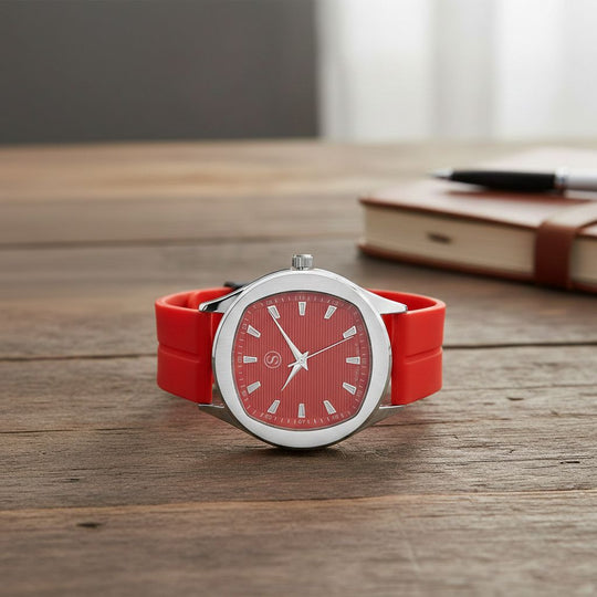 STRADA - Uhr mit japanischem Uhrwerk, silbernem Gehäuse und rotem Silikonarmband