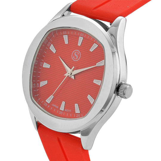 STRADA - Uhr mit japanischem Uhrwerk, silbernem Gehäuse und rotem Silikonarmband
