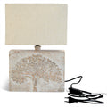 "Nakkashi wooden hand carved Tree of life table lamp with shade Dimension: Base- L- 28 x W- 10 x H- 29 cms. Shade- L- 30 x W- 20 x H-  20 cms. Colour - Antique white"