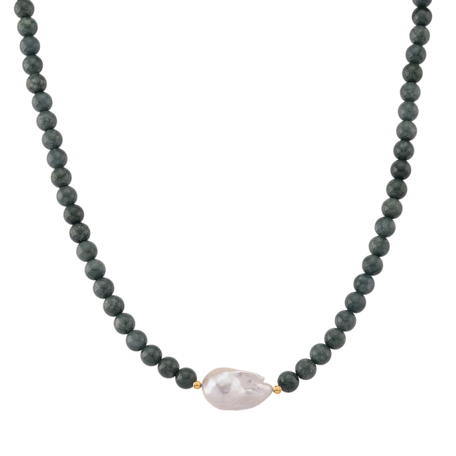 EXTREM SELTEN - Natürlicher Olmek Jadeit, Süßwasser Barockperle, Halskette ca. 50 cm, Flexibles 925 Silber vergoldet