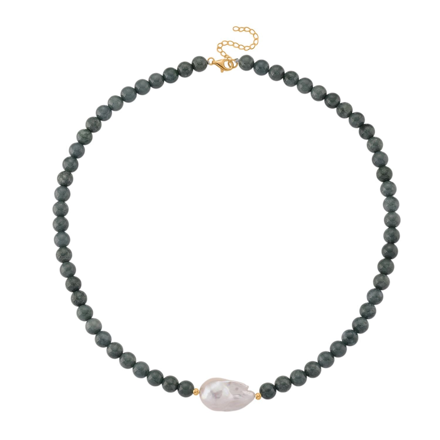 EXTREM SELTEN - Natürlicher Olmek Jadeit, Süßwasser Barockperle, Halskette ca. 50 cm, Flexibles 925 Silber vergoldet