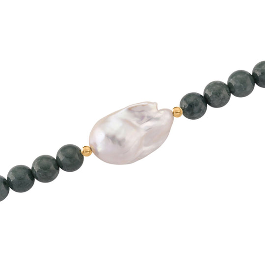 EXTREM SELTEN - Natürlicher Olmek Jadeit, Süßwasser Barockperle, Halskette ca. 50 cm, Flexibles 925 Silber vergoldet