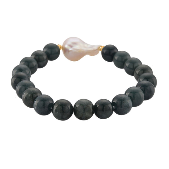EXTREM SELTEN - Natürlicher Olmek Jadeit, Süßwasser Barockperle Armband, Flexibles, 925 Silber vergoldet