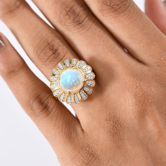D'Joy AA Natürlicher, äthiopischer Welo Opal, Moissanit Ring 925 Silber 750 Gelbgold Vermeil (Größe 20.00) ca. 2,73 ct