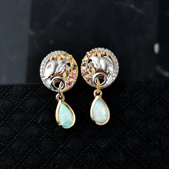 D'Joy AA Natürlicher, äthiopischer Welo Opal, Mehrfarbig Saphir Ohrringe 925 Silber Rhodiniert und 750 Gelbgold Vermeil ca. 1.63 ct