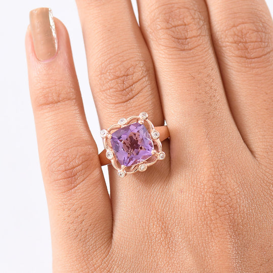 D'Joy AAA Rose De France Amethyst, Weißer Zirkon Ring 925 Silber 750 rosévergoldet ca. 4,35 ct