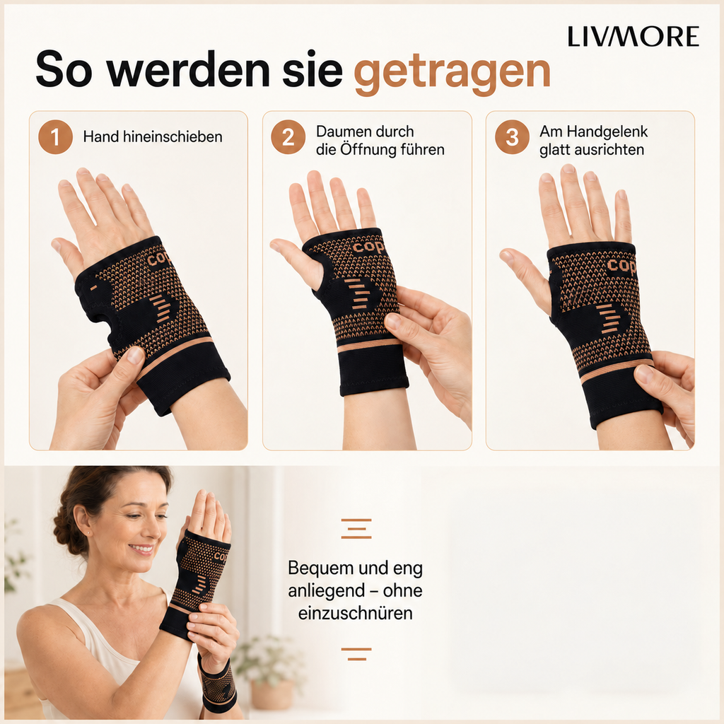 LIVMORE - Kupferfaser Handgelenk Bandagen Paar stützend atmungsaktiv Schwarz Kupfer (0-3 Werktage Lieferzeit)