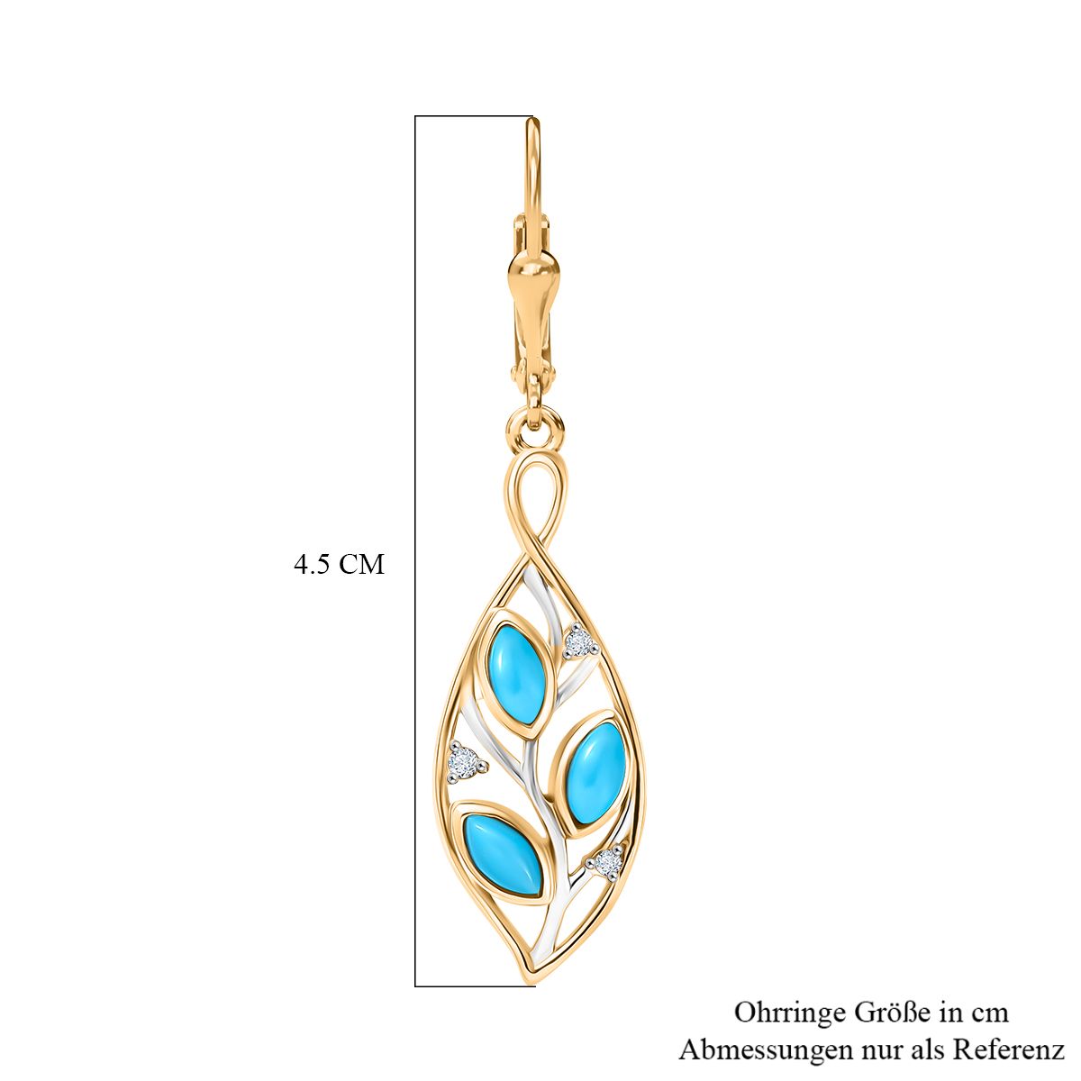 D'Joy AA Sleeping Beauty Türkis, Weißer Zirkon Ohrringe 925 Silber platiniert und vergoldet ca. 1.19 ct