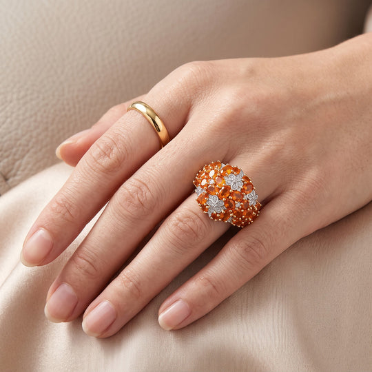 D'Joy AAA Blaze Feueropal und Moissanit Ring, 925 Silber 750 Gelbgold Vermeil - 3,27 ct.