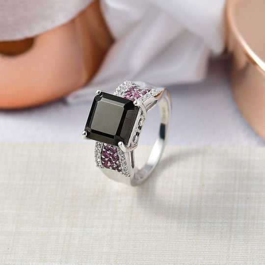 D'Joy Elite Shungit, Natürlicher Rhodolith Granat Ring 925 Silber rhodiniert (Größe 21.00) ca. 3.72 ct