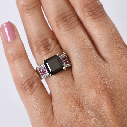 D'Joy Elite Shungit, Natürlicher Rhodolith Granat Ring 925 Silber rhodiniert (Größe 21.00) ca. 3.72 ct