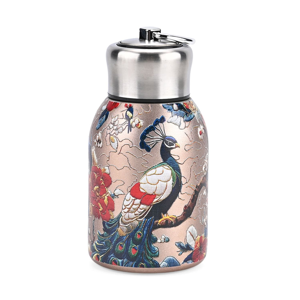 LIVMORE - Isolierflasche aus 316L Edelstahl mit Doppelwand und Pfauenmotiv, Roségold, für heiße und kalte Getränke, 260 ml