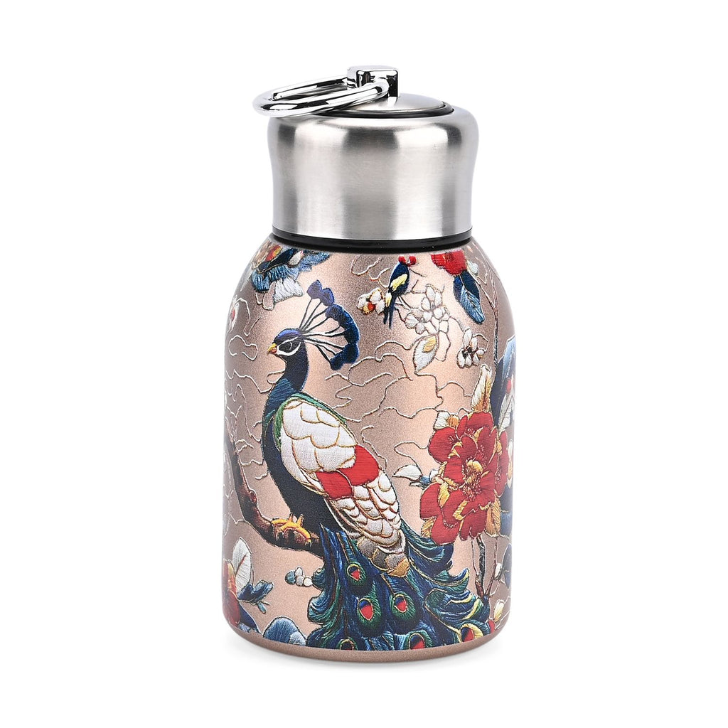 LIVMORE - Isolierflasche aus 316L Edelstahl mit Doppelwand und Pfauenmotiv, Roségold, für heiße und kalte Getränke, 260 ml