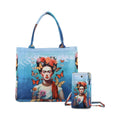 Frida Kahlo und Schmetterling Design Set, Shopper 40x12x35cm und Handy-Umhängetasche 20x10,92x1,98cm, Blau