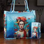 Frida Kahlo und Schmetterling Design Set, Shopper und Handy Umhängetasche, 40 x 12 x 35 cm, Blau
