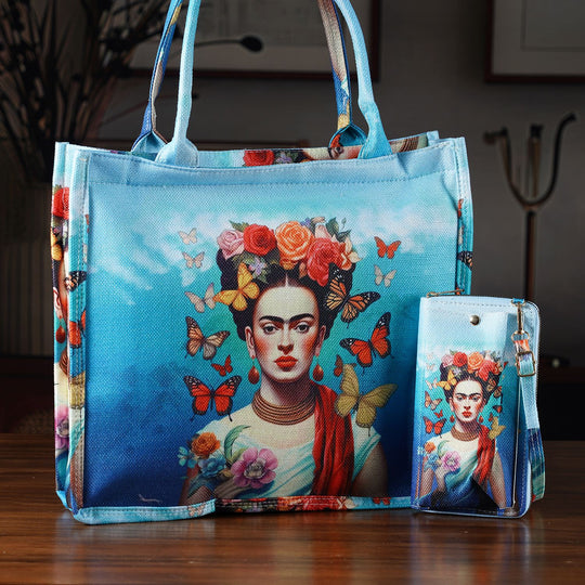 Frida Kahlo und Schmetterling Design Set, Shopper und Handy Umhängetasche, 40 x 12 x 35 cm, Blau