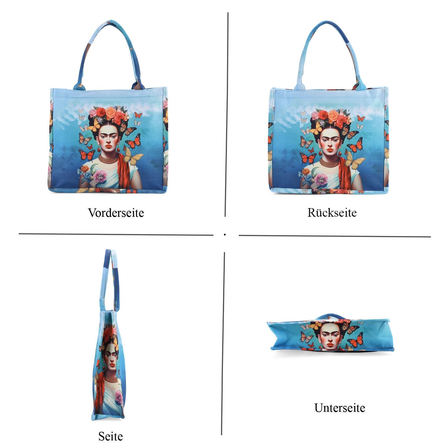 Frida Kahlo und Schmetterling Design Set, Shopper und Handy Umhängetasche, 40 x 12 x 35 cm, Blau