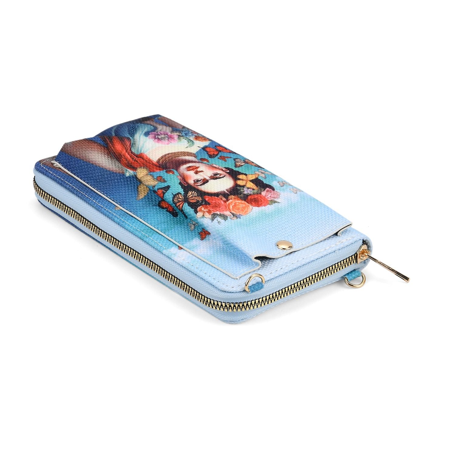 Frida Kahlo und Schmetterling Design Set, Shopper und Handy Umhängetasche, 40 x 12 x 35 cm, Blau