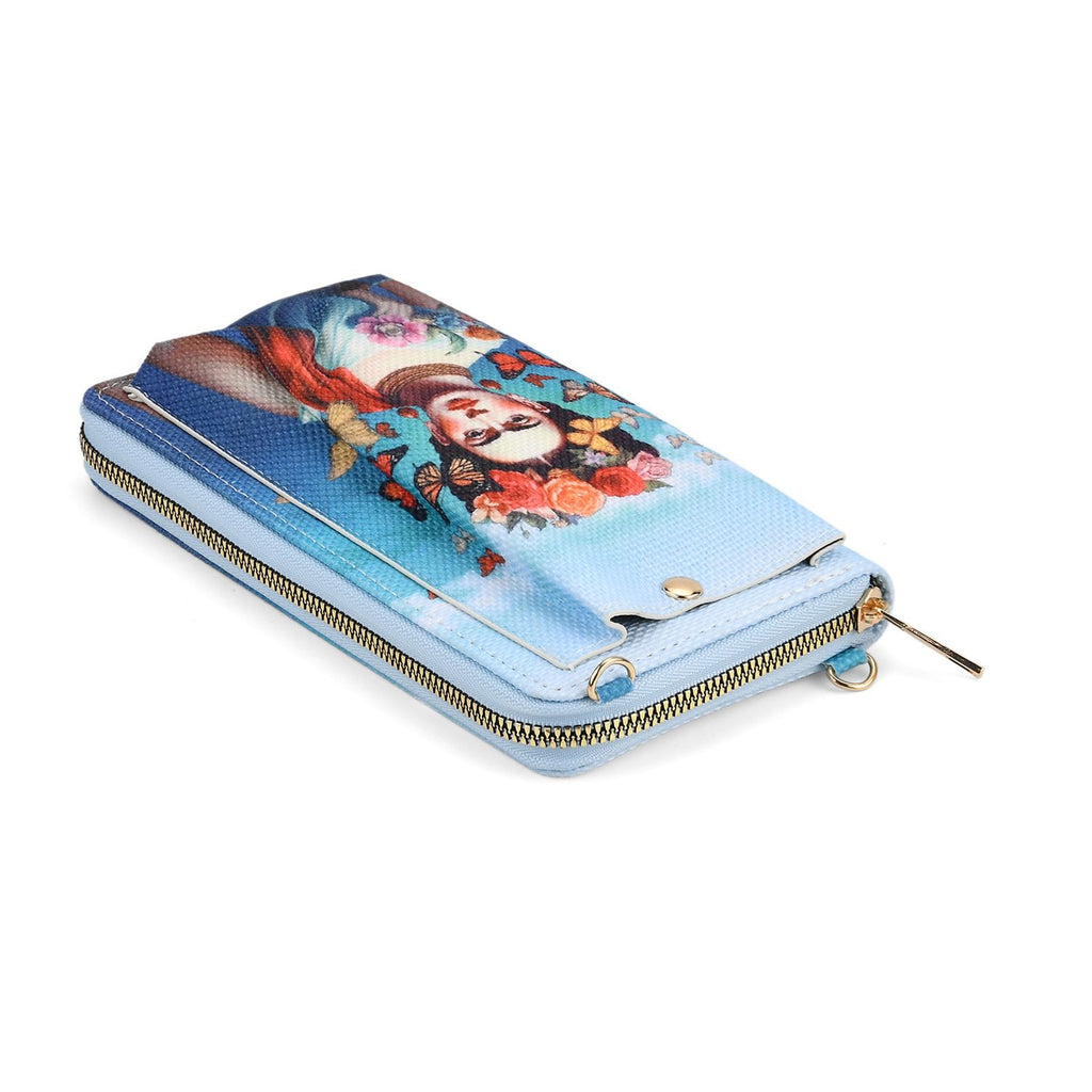 Frida Kahlo und Schmetterling Design Set, Shopper und Handy Umhängetasche, 40 x 12 x 35 cm, Blau