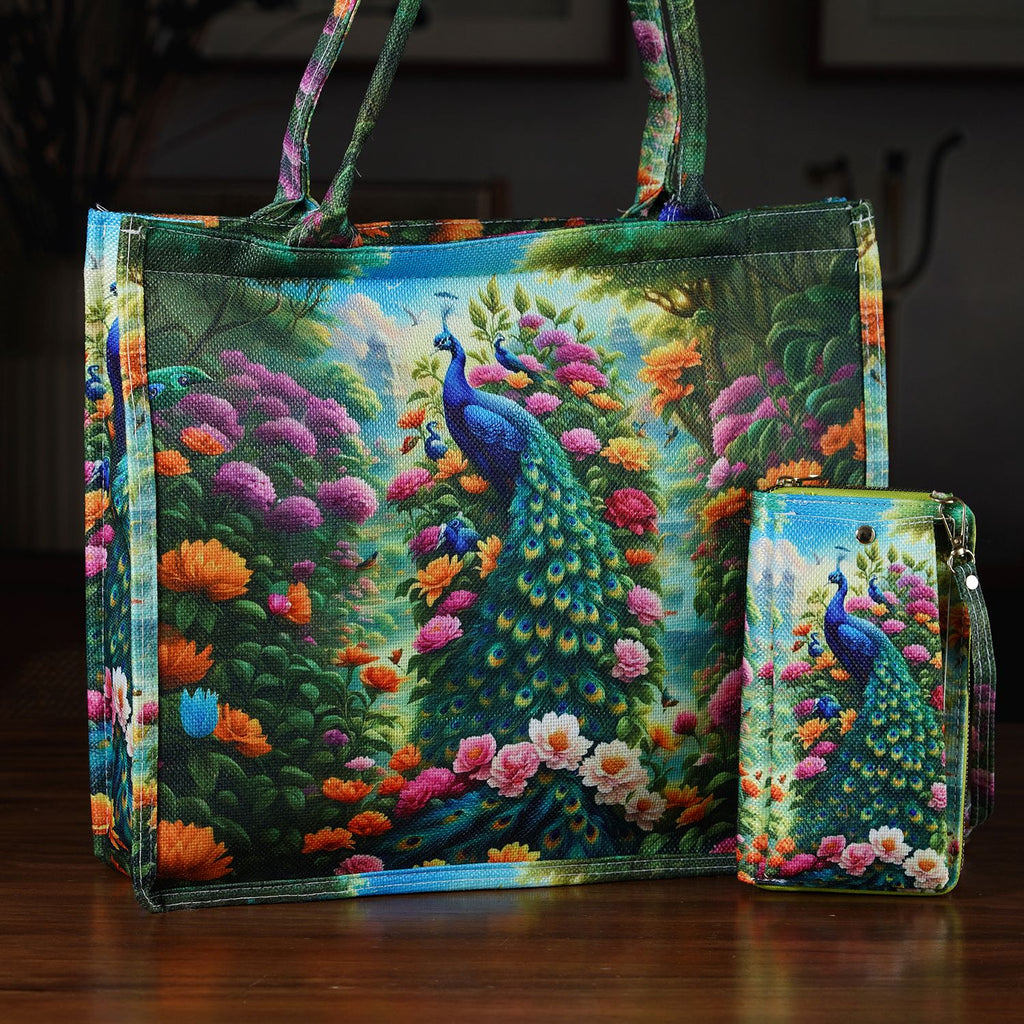 Pfau Muster Design Set, Shopper und Handy Umhängetasche, 40 x 12 x 35 cm, Mehrfarbig