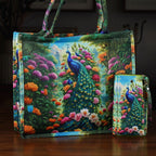 Pfau Muster Design Set, Shopper und Handy Umhängetasche, 40 x 12 x 35 cm, Mehrfarbig