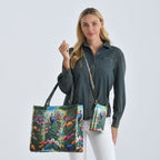 Pfau Muster Design Set, Shopper und Handy Umhängetasche, 40 x 12 x 35 cm, Mehrfarbig