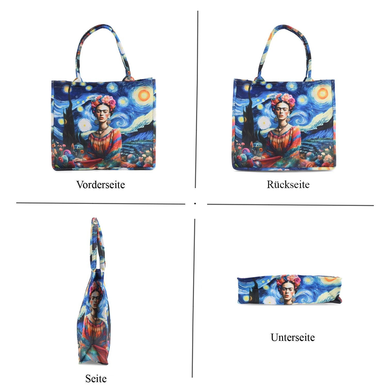 Frida Kahlo und Sternennacht Design Set, Shopper und Handy Umhängetasche, 40 x 12 x 35 cm, Marineblau