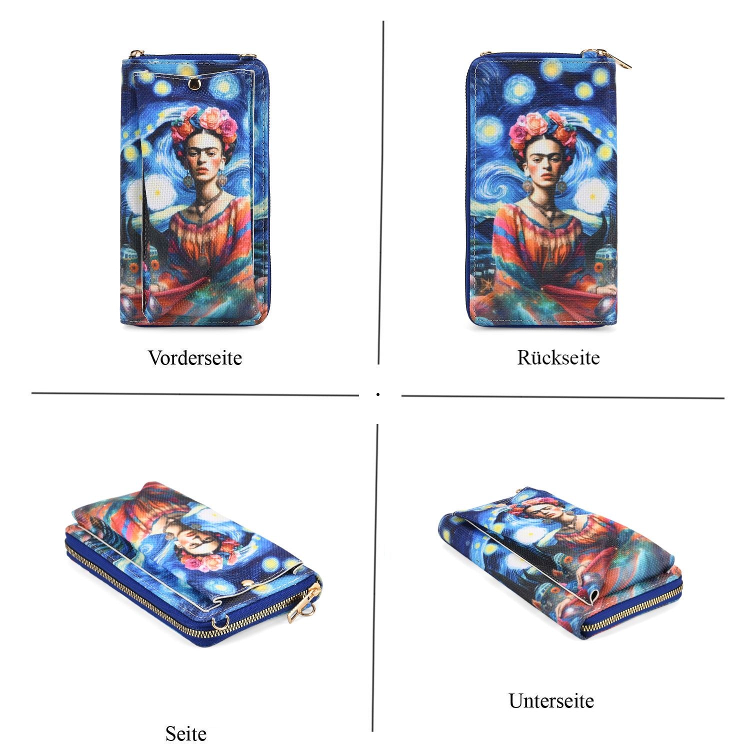 Frida Kahlo und Sternennacht Design Set, Shopper und Handy Umhängetasche, 40 x 12 x 35 cm, Marineblau