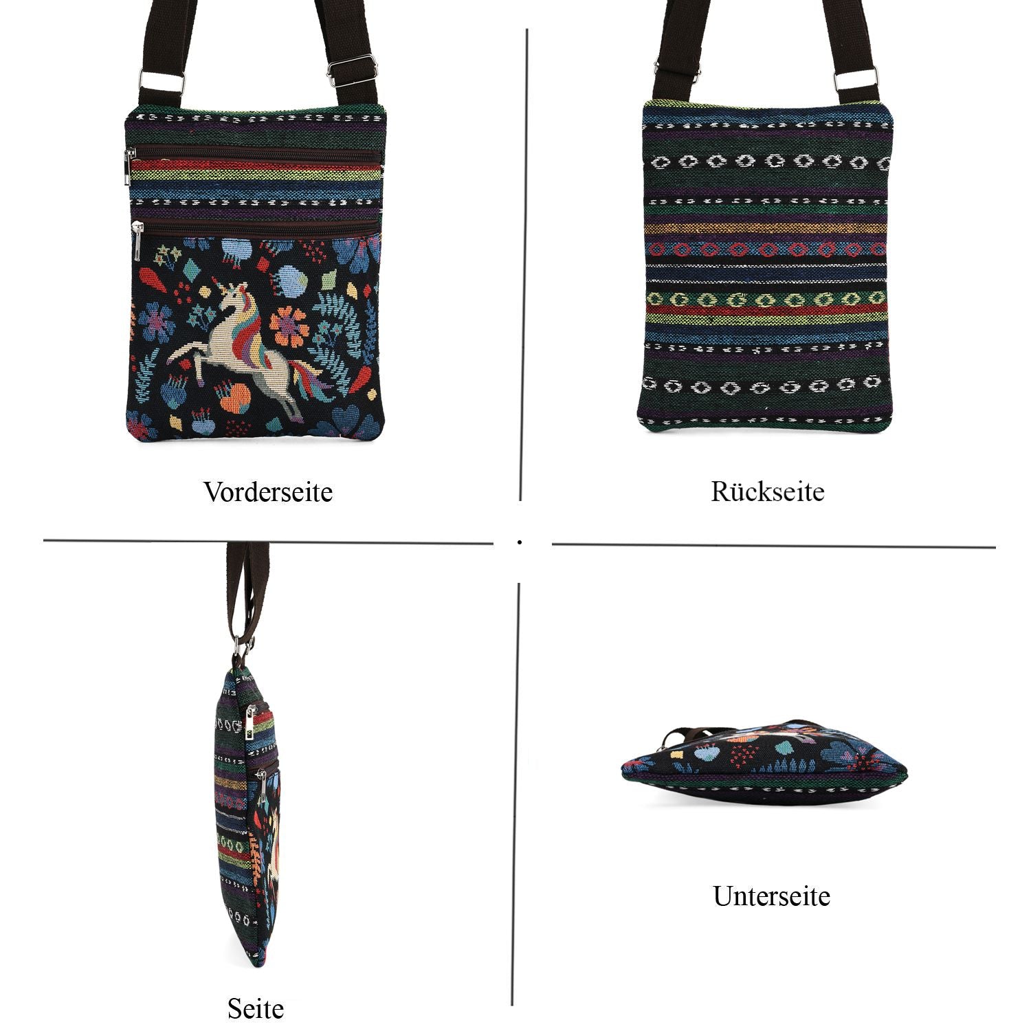 Crossbody-Tasche mit Einhorn, 3 Reißverschlussfächer, verstellbarer Schultergurt (ca. 120 cm), 21x28 cm, Mehrfarbig