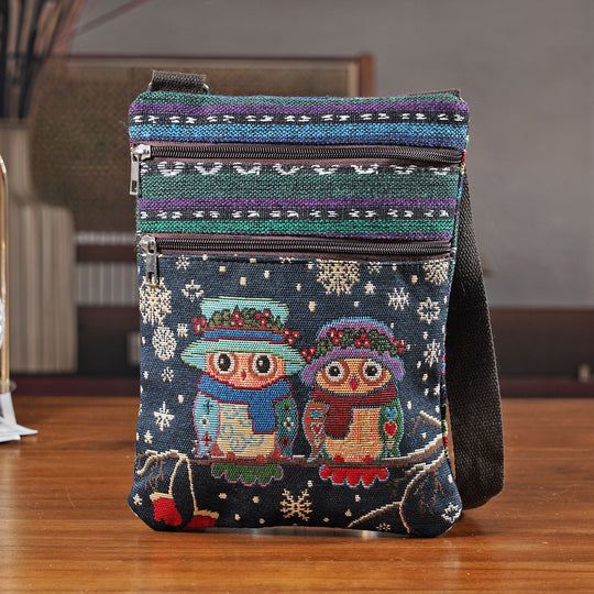 Crossbody-Tasche mit Eulenmotiv, 3 Reißverschlussfächer, verstellbarer Schultergurt (ca. 120 cm), 21x28 cm, Mehrfarbig