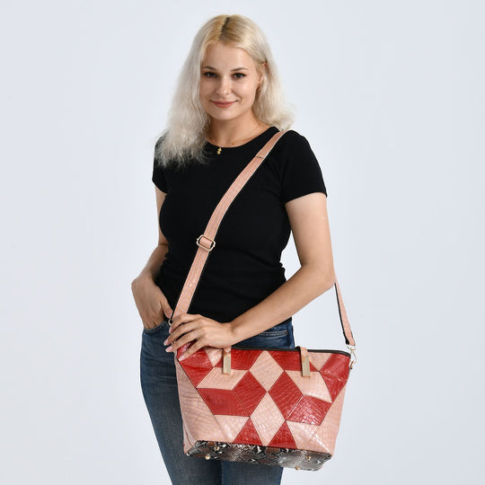 Chaos by Elsie Echtleder Shopper mit RFID, geometrisches Rauten Patchwork im 3D Würfel Look, Schlangenprägung mit Hochglanz Optik, 30 x 14 x 27 cm, Rot Rosé