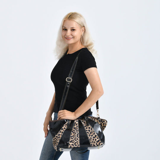 Chaos by Elsie Echtleder Shopper mit RFID, Leopard Patchwork mit Hochglanz Optik, Strahlen Paneel Design, 33 x 13 x 24 cm, Schwarz Braun