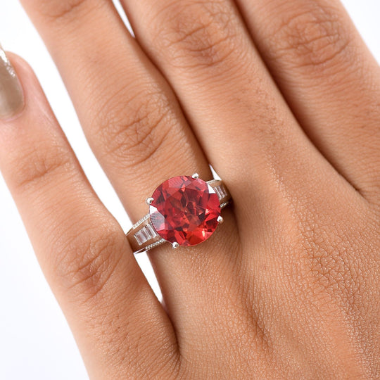 D'joy Lab Grown Padparadscha-Saphir, Weißer Zirkon Ring 925 Silber rhodiniert (Größe 17.00) ca. 9.82 ct