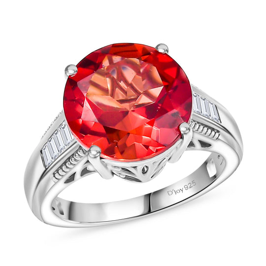 D'joy Lab Grown Padparadscha-Saphir, Weißer Zirkon Ring 925 Silber rhodiniert (Größe 17.00) ca. 9.82 ct