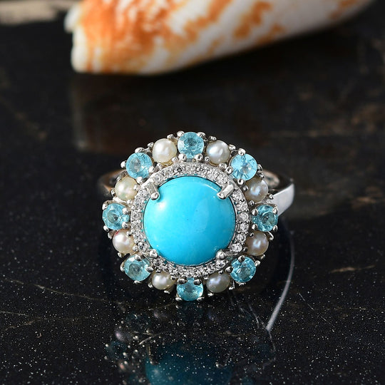 D'Joy AA Sleeping Beauty Türkis, Süßwasser Perle (2.5mm) Ring 925 Silber rhodiniert (Größe 19.00) 4.22 ct