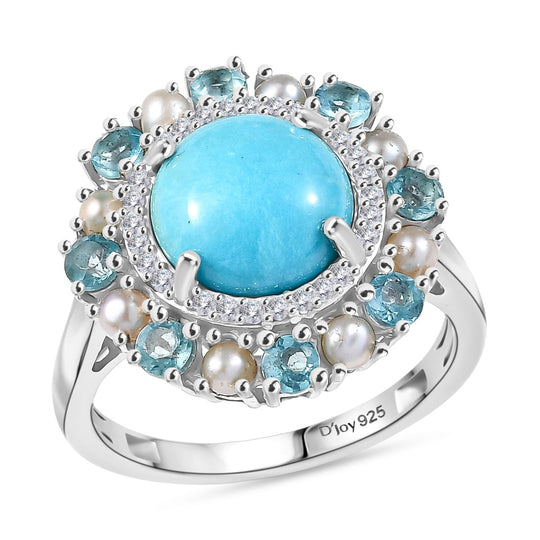 D'Joy AA Sleeping Beauty Türkis, Süßwasser Perle (2.5mm) Ring 925 Silber rhodiniert (Größe 19.00) 4.22 ct