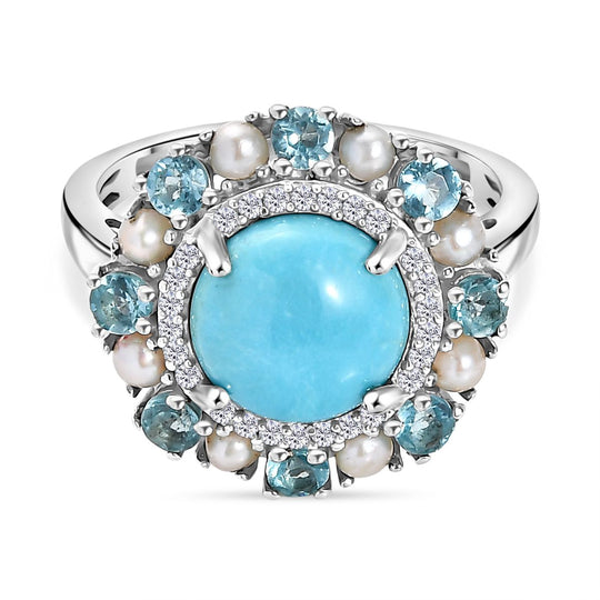 D'Joy AA Sleeping Beauty Türkis, Süßwasser Perle (2.5mm) Ring 925 Silber rhodiniert (Größe 19.00) 4.22 ct