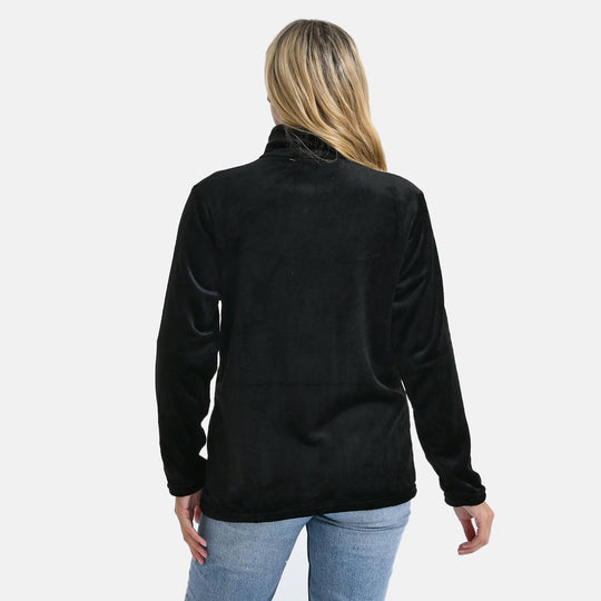 LA MAREY - Velvet Kuschel Jacke mit Reißverschluss und 2 Taschen, Schwarz, L/XL