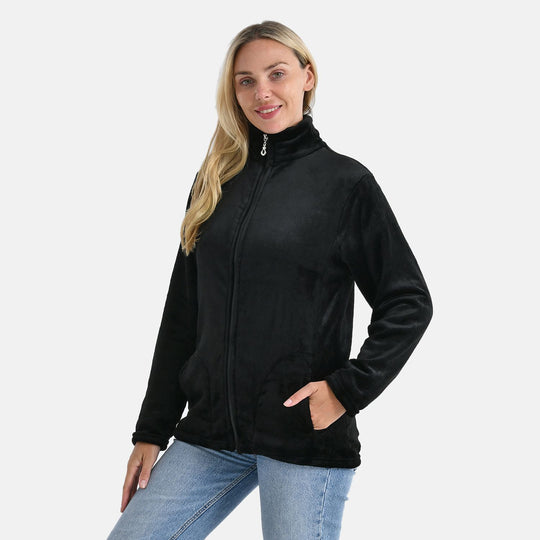 LA MAREY - Velvet Kuschel Jacke mit Reißverschluss und 2 Taschen, Schwarz, L/XL